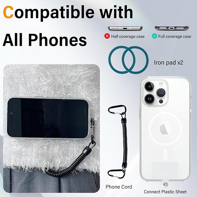 Magnetic Phone Belt Clip Holder with Anti-Theft Lanyard, Hands-Free Phone Clip for Backpack Belt Strap Hiking Outdoor, Compatible with MagSafe iPhone & Android with Metal Ring – BlackP