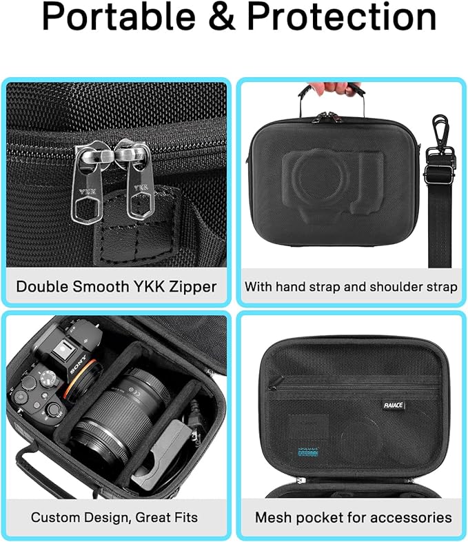 RAIACE Hard Case Compatible with Sony Alpha 7 II III IV/7R V Camera, for Nikon, for Canon, for Pentax and More. Mesh Pocket for Charger, Cables, Cards and Accessories. (case only) - Black