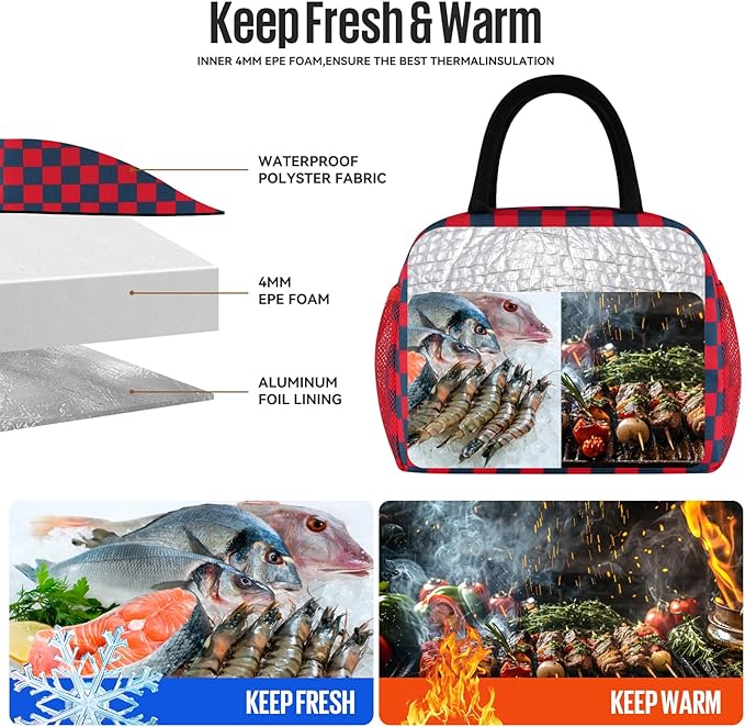 Lunch Bag Women/Men Lunch Box Women/Men (Dark blue+Red Checkerboard)