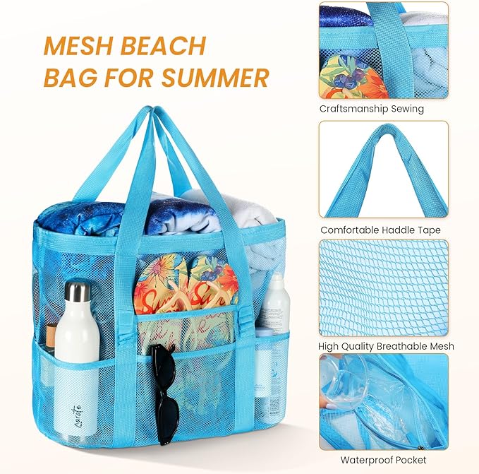 Tavaleu Mesh Beach Bag - Large Beach Tote with Multi Functional Pockets for Family Travel/Vacation