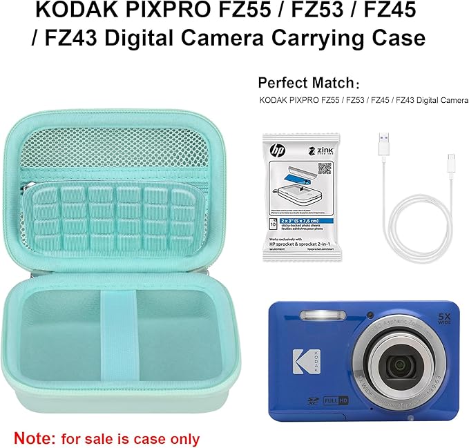 Elonbo Camera Carrying Case for KODAK PIXPRO FZ55 / FZ53 / FZ45 / FZ43 16MP Digital Camera, Vlogging Camera Storage Holder Travel Bag, Mesh Bag Fits Batteries, Cable, Memory Card, Green