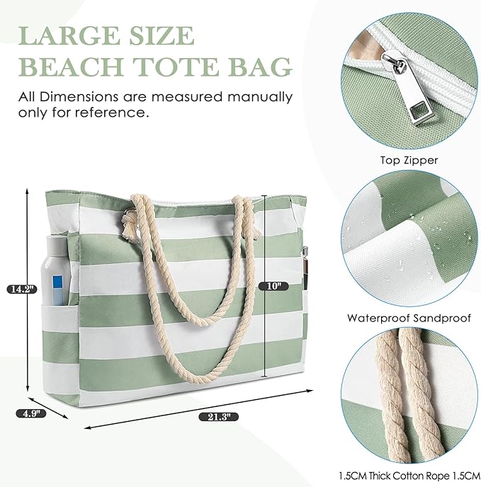 Pleneal Beach Bags For Women - Large Beach Bags with Zipper Waterproof Sandproof Swim Pool Beach Bag