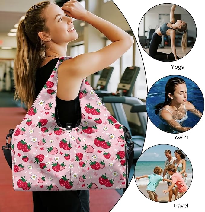 Strawberry Butterfly Flower Gym Bag for Women with Shoe Compartment Ladies Fashion Mini Travel Duffle Bag Lightweight for Overnight Weekender Yoga Swim Dance Short Trip, Pink