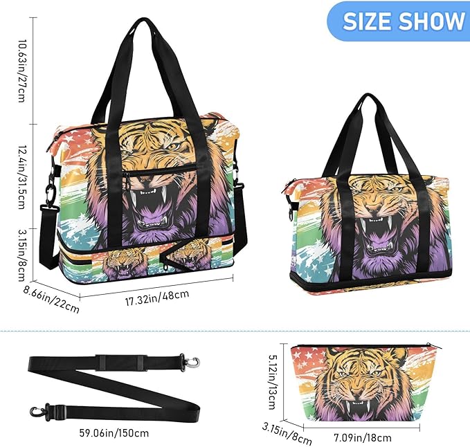 Travel Duffel Bags for Women Cool Tiger Head Sports Duffel Bags Gym Bags with Shoes Compartment Tote Bag Weekender Bag for Travelling