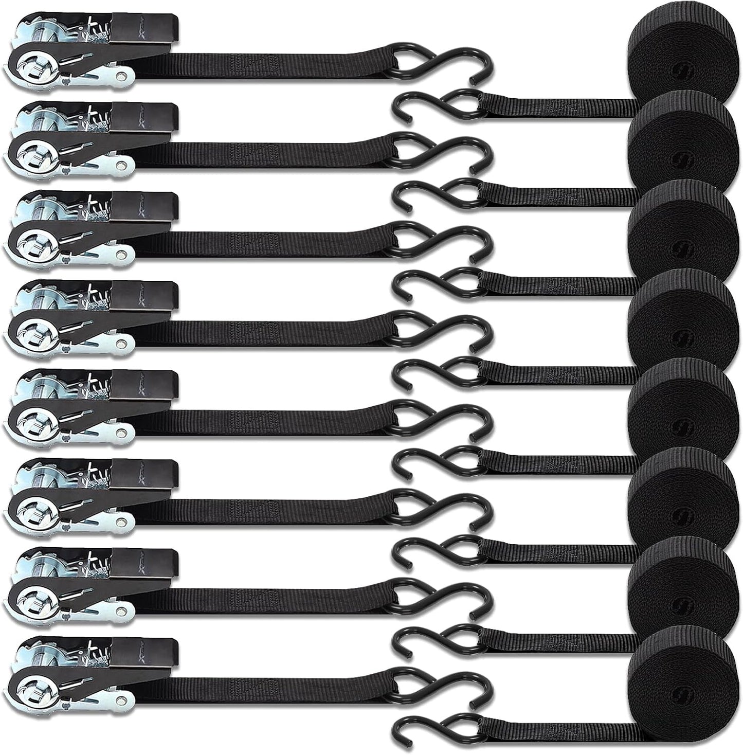 XSTRAP STANDARD Ratchet Tie Down Straps 8PK 1'' x 10 ft - 900 LB Break Strength Cargo Straps for Moving Appliances, Lawn Equipment, Motorcycle (Black)