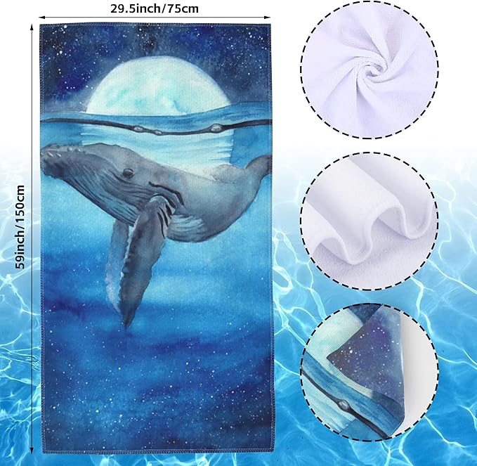 Beach Towel,Watercolor Blue Whale in Sea at Moon Night Lightweight Compact Sand Free Quick Dry Oversized Pool Swimming Towels for Girls Women Adults,29.5"×59"