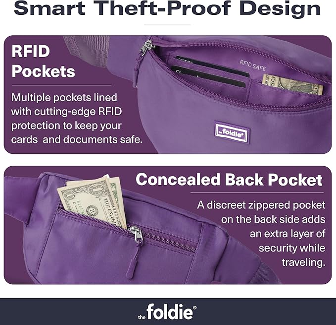 The Foldie Foldable Crossbody Bags for Women & Men - Anti-Theft RFID-Safe Fanny Pack with Smart Lockable Zippers and Cut-Resistant Strap - Lightweight Waist Pack for Travel & Everyday Use - Purple