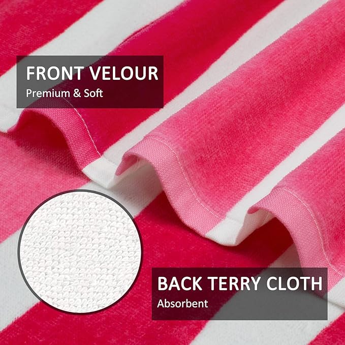 cabanana Large Beach Towel Oversized - Cotton Velour 35 x 70 Inch Pink Striped Terry Pool Towel, Cabana Soft Swimming Towel for Adults Women Men (Pink)