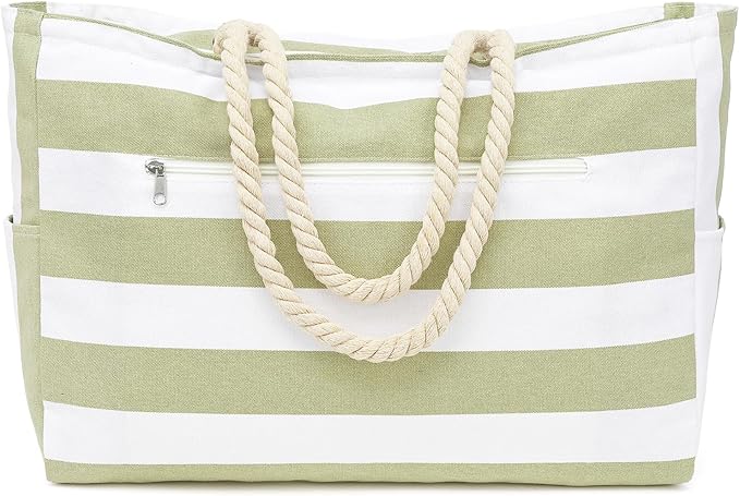 Large Canvas Beach Bag for Women, Beach Bags Waterproof Sandproof with Zipper & Wet Bag Cruise Essentials