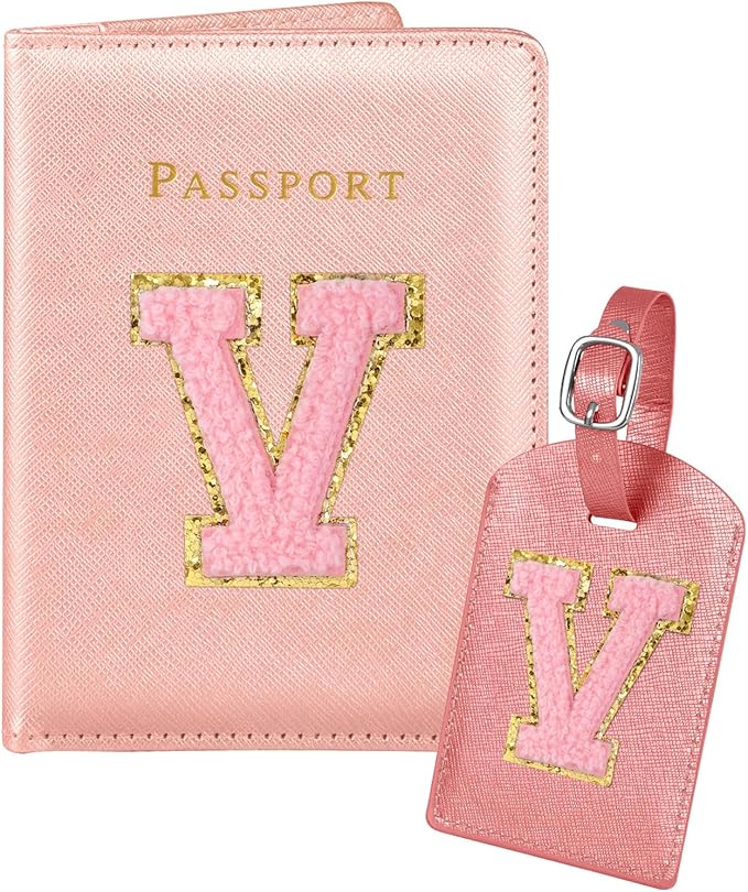 Slohif Passport Holder Initial Lugguage Tag Set Suitcase Cover Wallet Case for Travel Women - Leather Letter Passport Book Personalized Organizer Card Protector Sleeve Essentials Slim Carrier Red V