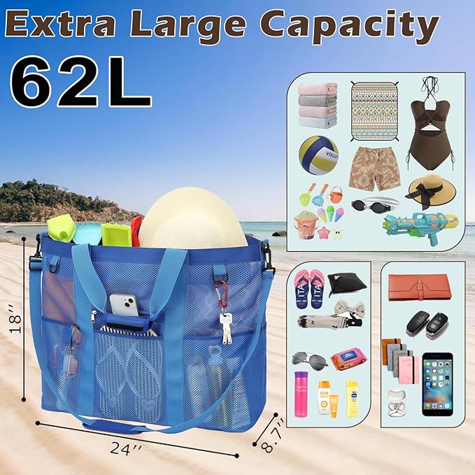 Mesh Beach Bag with Zipper, Large Beach Tote for Women, Toys Pool Swim Bag Travel Vacation Cruise Essentials