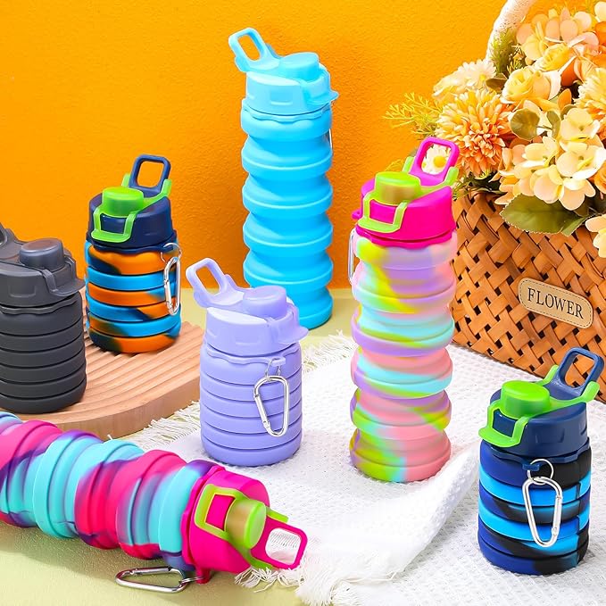 Sunnyray Collapsible Water Bottles Bulk Foldable Water Bottles 17oz Silicone Portable Leak Proof Reusable Sports with Clip for Travel Hiking Camping Outdoor(Colorful,40 Pack)