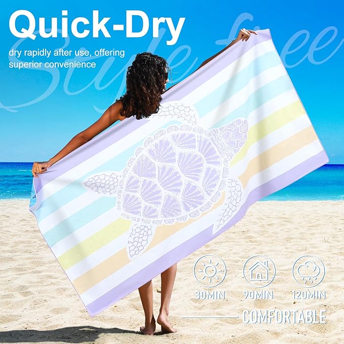 2 Packs Lightweight Thin Microfiber Beach Towel Oversized Quick Dry Compact Sandproof Clearance Towels Sand Free Camping Swimming Easy Pack Travel Accessories Essentials Women Turtle Purple Green