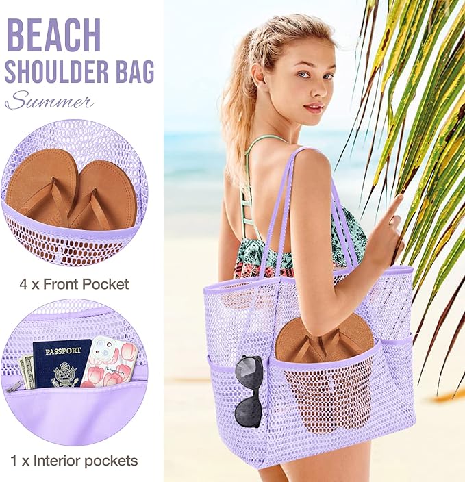 KPX Beach Bag with Mini Pocket, Beach Tote Bags for Women Large Foldable Mesh Swimming Pool Travel Bags - Sandproof
