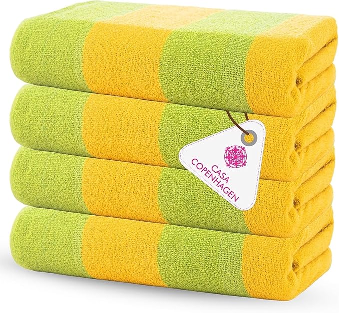 CASA COPENHAGEN Malibu Towel 4Pcs Lime Green Designer Stripe Beach Towels Gift Set, 30"x60" Oversized 100% Cotton Pool Bath Towel for Beach Gift Set (Perfect Summer Gift Set for Women & Men)