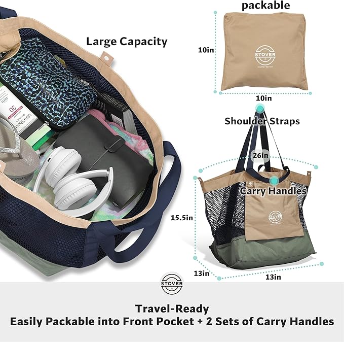 STOVER Extra Large Mesh Beach Bag, Vacation, Pool, Shopping & Travel Tote - Foldable w/Storage Pouch & Pockets for Women, Men