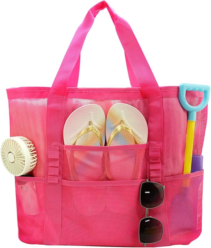 Large Mesh Beach Tote Bag, 9-Pocket Foldable Summer Vacation Beach Bag for Travel, Pool, Gym, Cruise