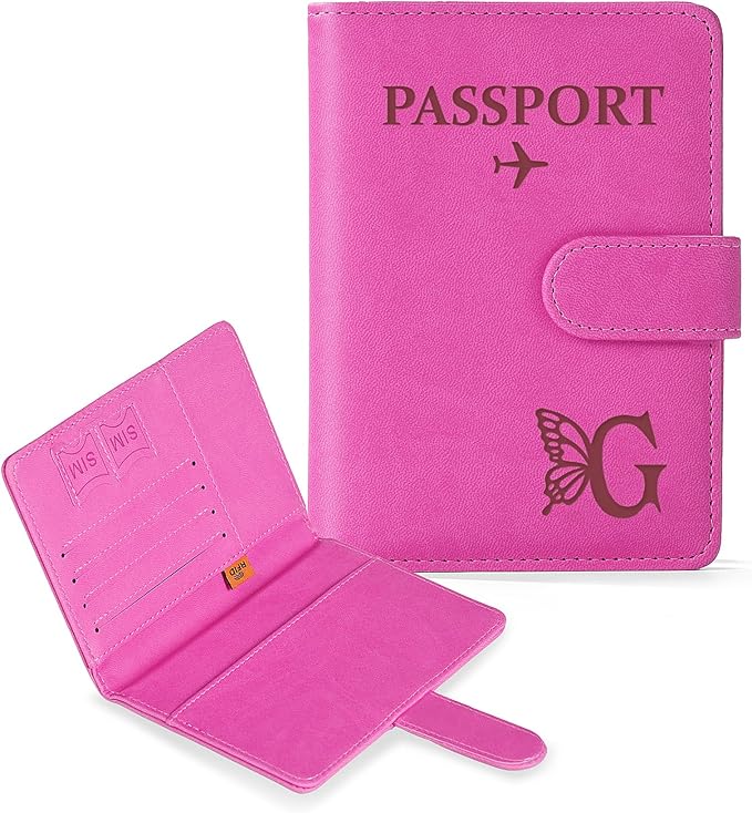 COSHAYSOO Initial RFID Passport Holder for Travel Women Passports Cover Case Air Essentials Airplane Flight Accessories Airline Plane Flying Must Haves Christmas Gift Butterfly Letter Hot Pink G