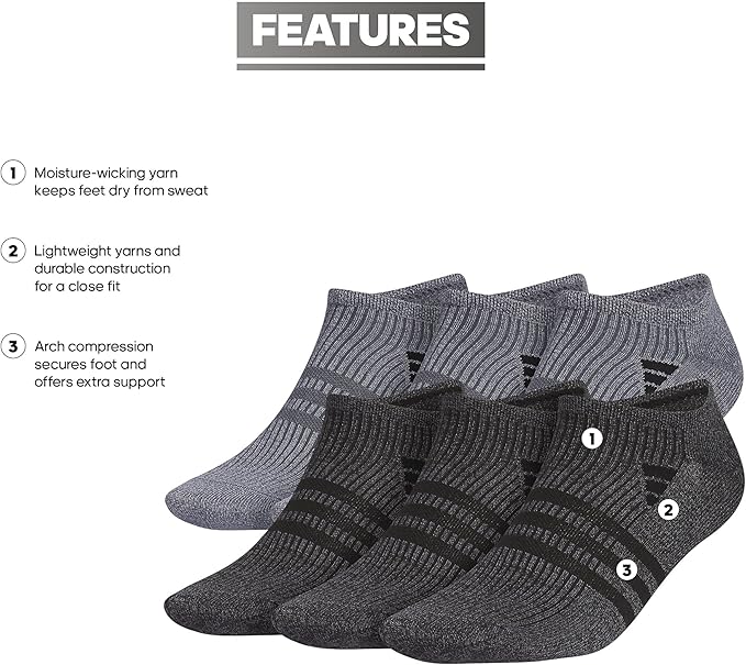 adidas Men's Superlite No Show Socks (6 Pairs) Lightweight & Breathable