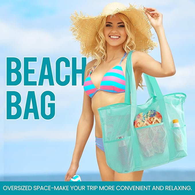 Mesh Beach Bag, Large Bag with Zipper Beach Bags for Women Waterproof Sandproof with 5 Pockets Green
