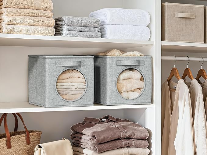 Vailando Ultra Thick Fabric Foldable Storage Bins with Round Window - 11 Inch Cube Storage Organizer for Clothes, Shelves, Offices, Toys & Misc, Light Gray, 4 Pack