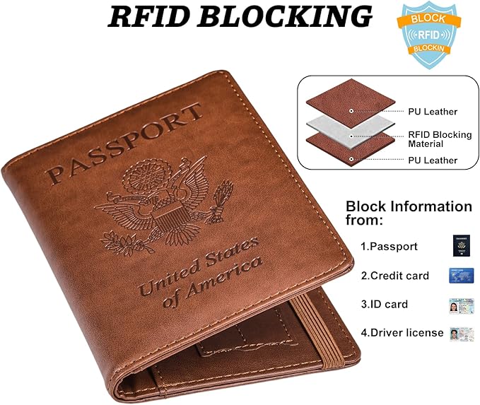 HerriaT Passport and Vaccine Card Holder Combo,Cover Case with CDC Vaccination Card Slot, Leather Travel Documents Organizer Protector, with RFID Blocking, for Women and Men