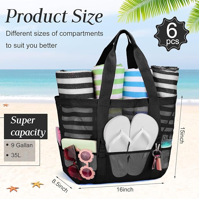 Hillban Large Beach Mesh Bags Bulk for Women Beach Tote Bag with 8 Pocket Zipper Waterproof Sandproof for Pool Cruise Ship