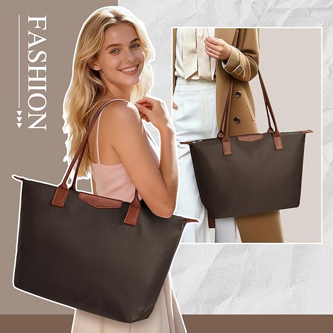 Tote Bag for Women, Nylon Top-Handle Purse with Zipper, Lightweight Foldable Shoulder Hobo Handbag
