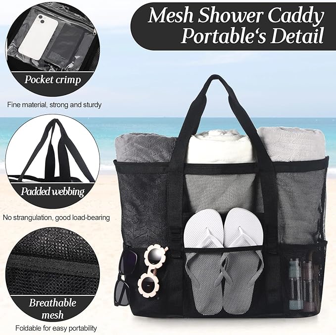 Hillban Large Beach Mesh Bags Bulk for Women Beach Tote Bag with 8 Pocket Zipper Waterproof Sandproof for Pool Cruise Ship