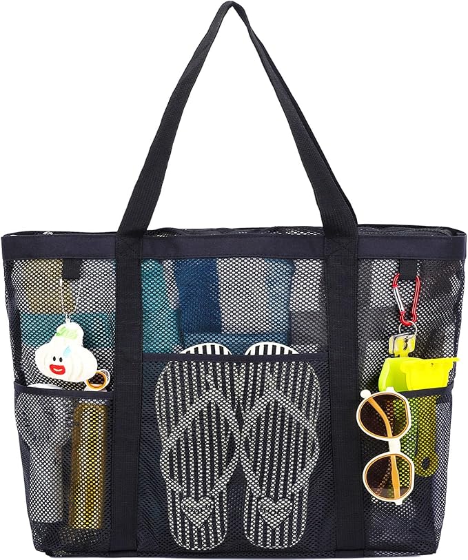 Mesh Beach Bag with Zipper, Large Beach Tote for Women, Toys Pool Swim Bag Travel Vacation Cruise Essentials