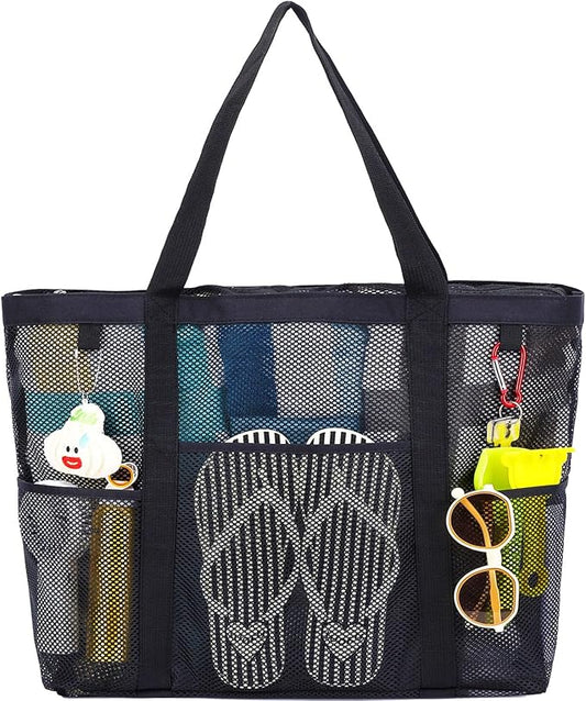 Mesh Beach Bag with Zipper, Large Beach Tote for Women, Toys Pool Swim Bag Travel Vacation Cruise Essentials