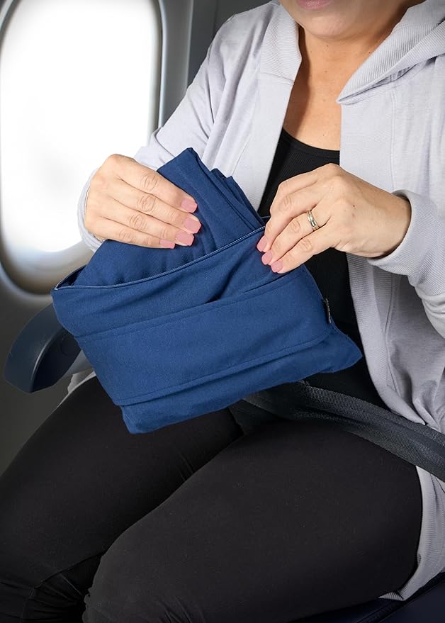Brookstone Travel Blanket - 2-in-1 Jersey Knit Lightweight Throw Blanket with Carrying Pouch, Airplane & Car Travel Essentials, Blue