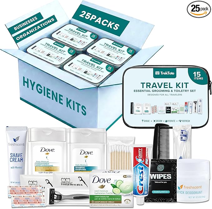 TrekTote Complete 15 Piece Unisex Travel Hygiene Kit with Toiletries & Personal Care Essentials, TSA-Compliant, Individually Packaged in Clear Bag, Single or Bulk Packs
