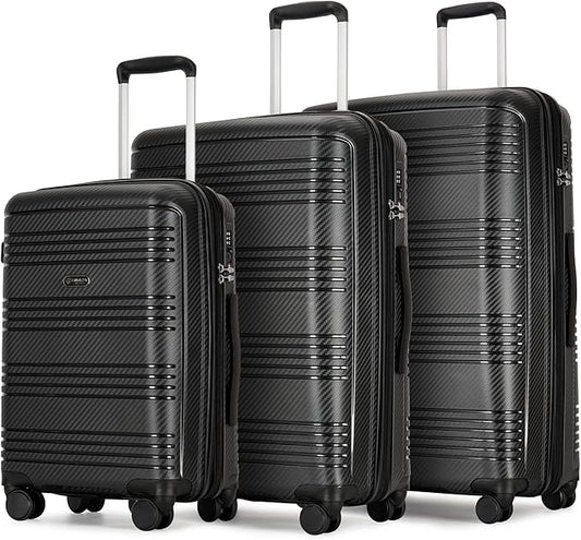 GinzaTravel 3 Piece Expandable Luggage Sets PP Hardshell Lightweight Suitcase sets with Spinner Wheels STSA Lock, 20/25/29inch, Black