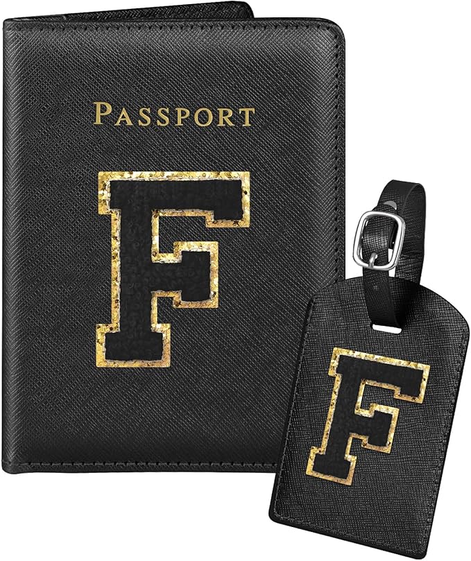 Slohif Passport Holder Initial Lugguage Tag Set Suitcase Cover Wallet Case for Travel Women - Leather Letter Passport Book Personalized Organizer Card Protector Sleeve Essentials Slim Carrier Black F