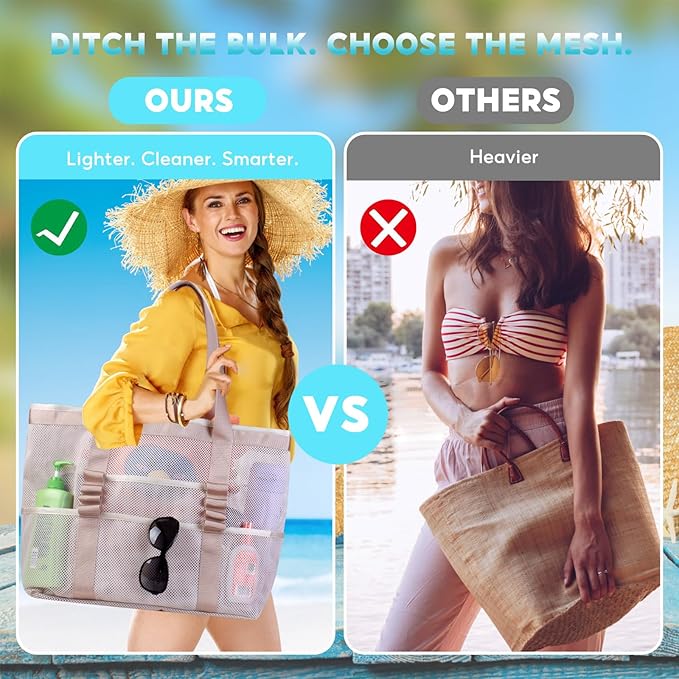 Large Mesh Beach Bag – Lightweight Beach Tote with 9 Pockets, Beach Bag for Women, Men, Family Essentials