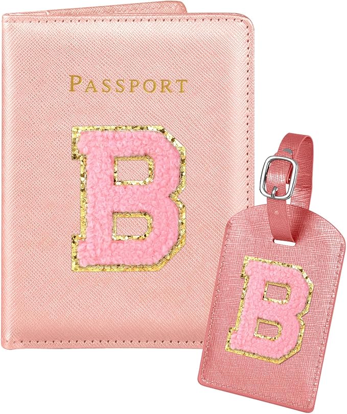 Slohif Passport Holder Initial Lugguage Tag Set Suitcase Cover Wallet Case for Travel Women - Leather Letter Passport Book Personalized Organizer Card Protector Sleeve Essentials Slim Carrier Red B