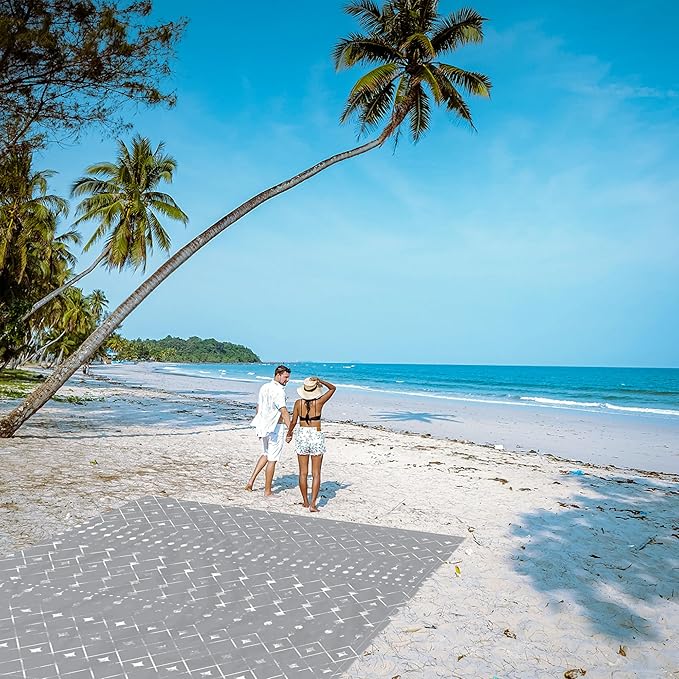 BEW 78''×86'' Large Beach Blanket for 4 Adults, Outdoor Beach Mat Sand Proof Waterproof with 4 Stakes & 4 Corner Pockets, Polyester Lightweight Comapct Grey Picnic Blanket for Travel, Camping, Hiking