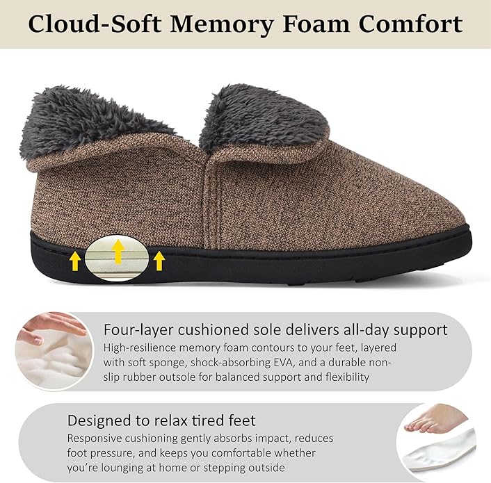 Men’s Knit Bootie Slippers Warm Fold-Over Ankle Collar Plush Fleece Lined Memory Foam House Shoes Cozy Winter Non-Slip Indoor Outdoor Slippers for Men