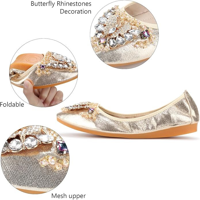 KUNWFNIX Women Ballet Flats Rhinestone Wedding Ballerina Shoes Foldable Sparkly Comfort Slip on Flat Shoes