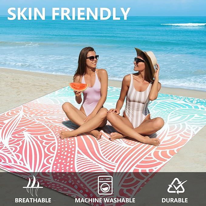 Beach Blanket Waterproof Sandproof Beach Mat for 1-8 Adults Quick Drying Durable Outdoor Picnic Mat for Beach Festival Travel Camping Hiking (Gradiant P&GN-Ripple, 79"×108"(6 Person))