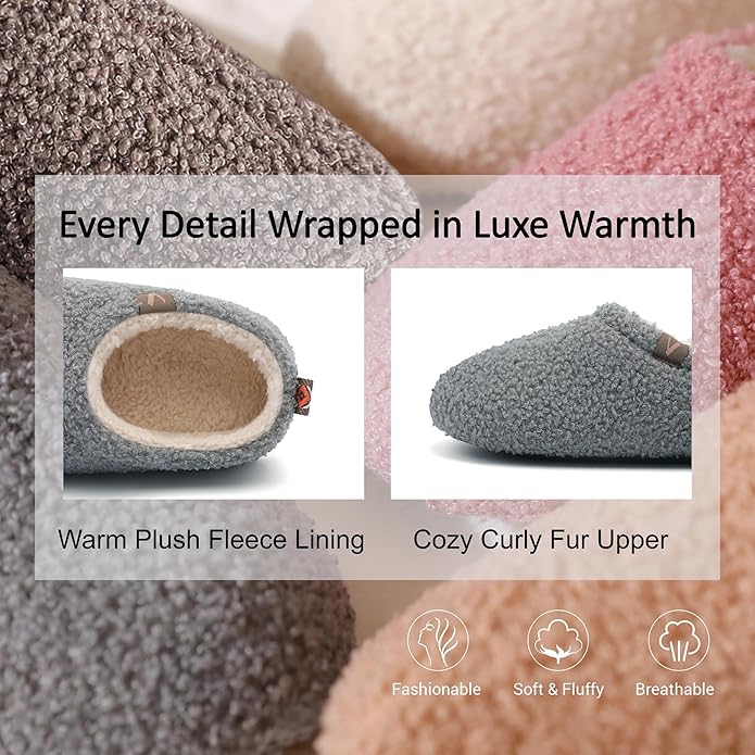 Women’s Fuzzy Memory Foam Slippers with Cozy Curly Fur and Warm Fleece Lining Closed Back Non-Slip House Shoes Lightweight Soft Comfy Indoor Bedroom Slippers