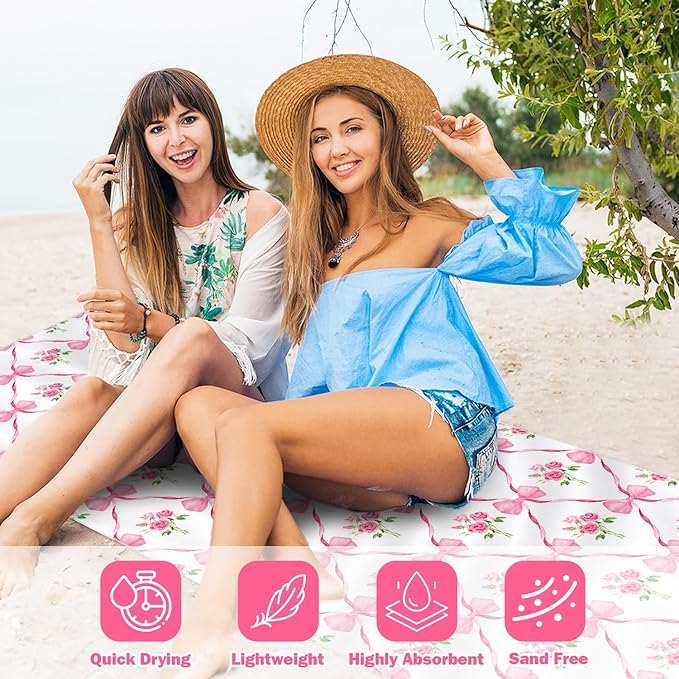 Coquette Pink Bow Rose Magnetic Beach Towel - 74.8"x30" Sand Free Quick Dry Microfiber Towel with Built-in Magnets Lightweight for Beach Chair Car Door Pool Travel Yoga with Storage Bag