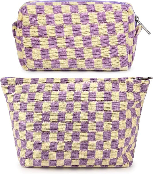 SOIDRAM 2 Pcs Checkered Makeup Bag Large Cosmetic Bag Toiletry Bag Makeup Pouch Travel Bag Organizer Cute Makeup Brushes Aesthetic Accessories Storage Bag for Women Purple