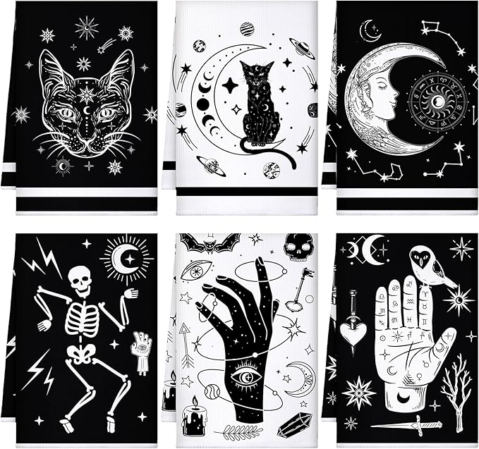 Bencailor 6 Pcs Gothic Kitchen Towels Skull Tarot Dish Hand Towels Skeleton Moon Cat Witchy Tea Washcloth for Bathroom Kitchen Goth Decor Party Gifts 24 x 16''