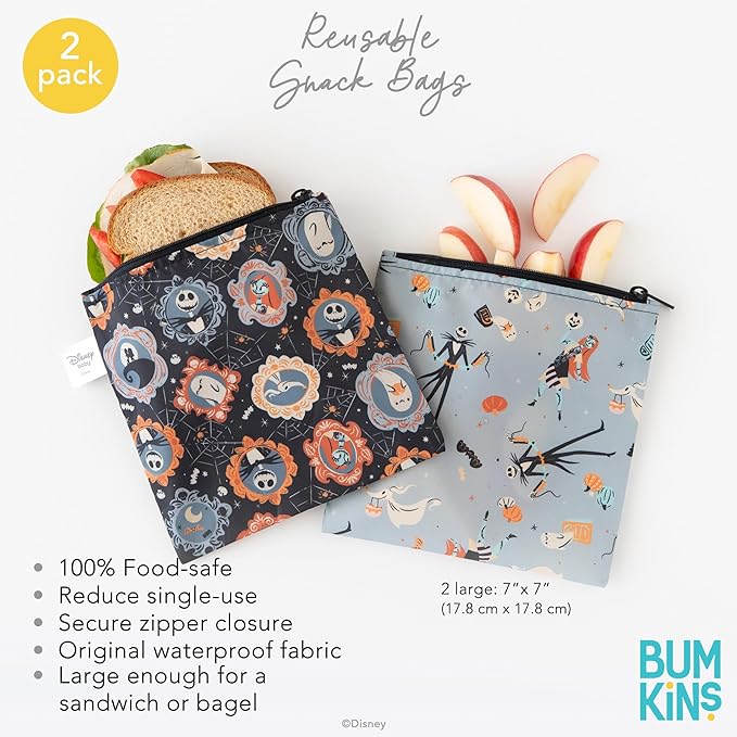 Bumkins Disney Reusable Sandwich and Snack Bags, for Kids School Lunch and for Adults Portion, Washable Fabric, Waterproof Cloth Zip Bag, Travel Pouch, Food Storage, 2-pk Nightmare Before Christmas
