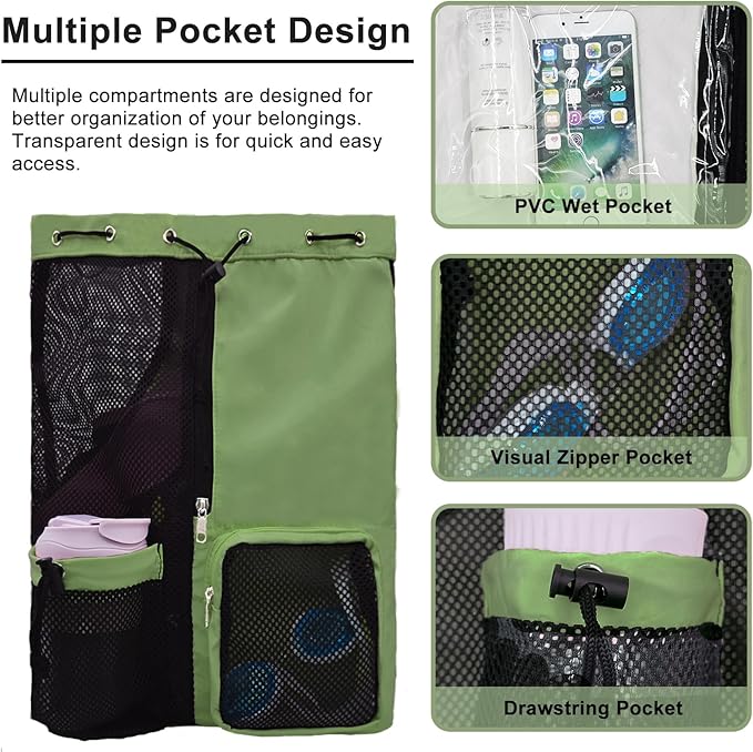 Mesh Beach Backpack with Wet Pocket Drawstring Pool Bag Waterproof Swimming Bag Gym Backpack for Men & Women