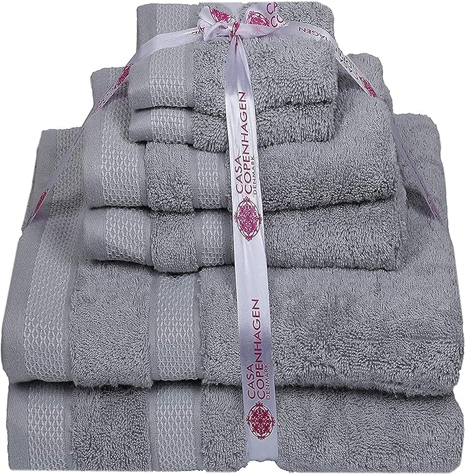 CASA COPENHAGEN Solitaire 6Pcs 100% Egyptian Cotton Large Designer Towels Gift Set- Grey Violet, 600GSM, 2Bath 2Hand 2Washcloths, Bath Towels for Bathroom Set for Women & Men