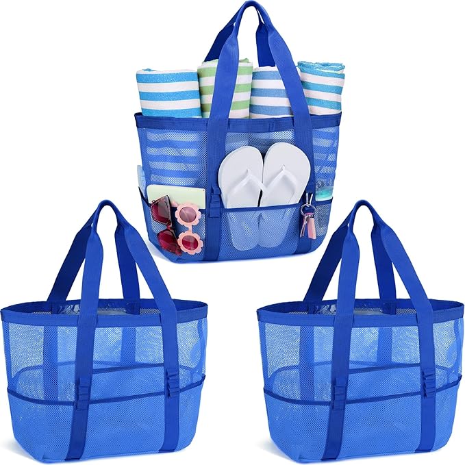 Hillban Large Beach Mesh Bags Bulk for Women Beach Tote Bag with 8 Pocket Zipper Waterproof Sandproof for Pool Cruise Ship