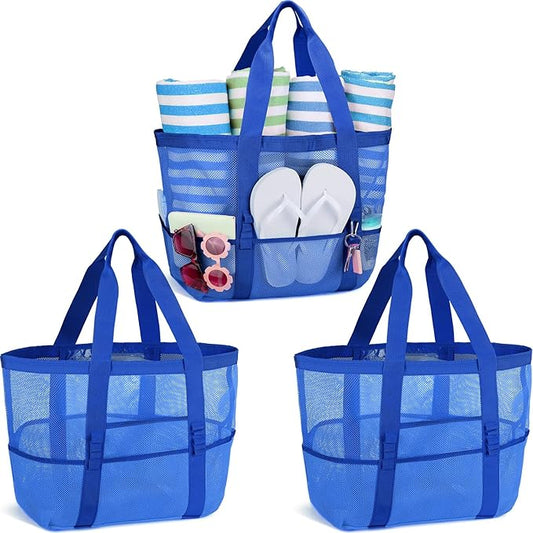 Hillban Large Beach Mesh Bags Bulk for Women Beach Tote Bag with 8 Pocket Zipper Waterproof Sandproof for Pool Cruise Ship